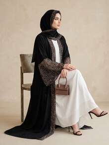 Áo choàng dài Abaya màu đen, áo khoác dáng maxi rộng rãi, họa tiết da báo, viền tương phản, kiểu dáng thường ngày, đa năng dành cho nữ. - màu đen - Xem 3
