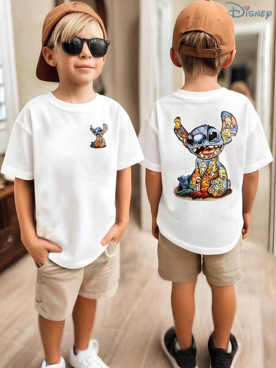 Kids' Disney Lilo & Stitch Themed T-Shirt, Boys' Stitch Disney Characters Collage Print Short Sleeve Tee, Soft Casual Top For Boys, Easy On & Off For Theme Parks, School & Casual Hangouts - White - View 1