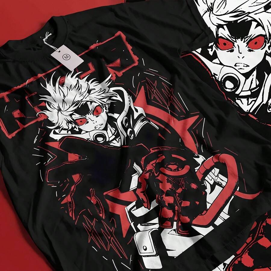 Vintage Anime Print T-Shirt - Manga Character Design Graphic Unisex Tee, 100% Cotton Crew Neck Short Sleeve, Summer Casual Streetwear T-Shirts - Affordable Daily Wear, Perfect Gift Of T-Shirt - Black - View 1