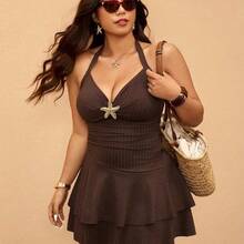 Elaquor Plus Size Women Metal Starfish Decor Halter Swimdress With Swimshorts Spring Beach Vacation Outfit Women Spring Swimdress For Women - Celeste - Ver 2