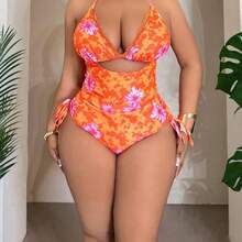 Slayr CURVE 2026 Spring New Halter Hollow Out Printed One-Piece High Waist Ruched Swimsuit For Women - Multicolor - Ver 2