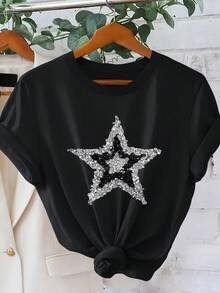 Latest Camiseta de moda para mujerCamiseta de manga corta para mujer con estampado de estrellas brillantes en negro y plata, estilo dulce y moderno, ideal para el uso diario en primavera y verano, top versátil de corte ajustado, cuello redondo sencillo, cómoda y transpirable, en oferta de . ,Top de manga corta para verano,blusas para mujer,La elección perfecta para tus atuendos de San Valentín,playeras niño,Camiseta para aficionados de la Copa de Fútbol,playeras de mujer - Negro - Ver 6