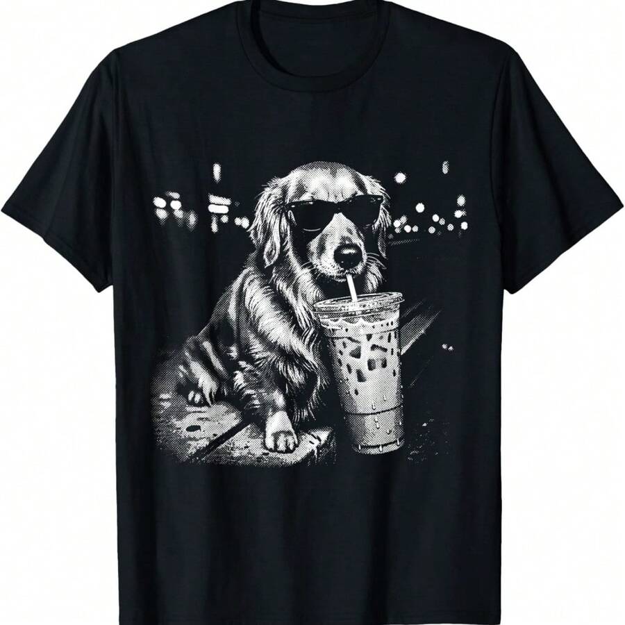 Funny Golden Retriever Drinking Iced Coffee Animal Meme T-Shirt - Black - View 1