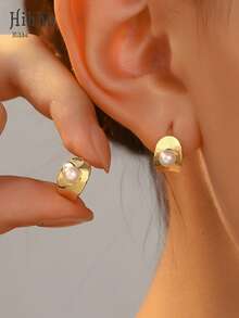 Hihho 1 Paar goldfarbene & silberfarbene Perlen Creolen, zarte luxuriöse vielseitige Ohrringe, minimalistische metallische bohnenförmige Perlen Ohrringe, sanfter Stil geeignet für Arbeit und täglichen Gebrauch - Perlenohrringe - Übersicht 3