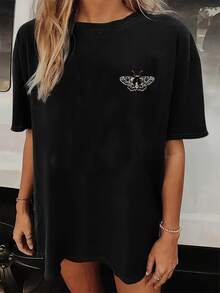 Camiseta Gráfica Oversize para Mujer con Estampado "Mariposa Polilla Vintage", Transpirable y Cómoda, Manga Corta, Cuello Redondo, Estampado Dark Academia, Algodón Suave, Perfecta para Uso Diario y Estilo Grunge Urbano - Negro - Ver 2