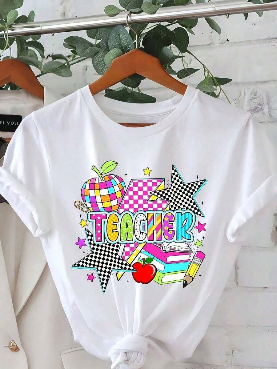 1 Piece - "Teacher" Graphic Print T-Shirt - Casual Crew Neck, Short Sleeve, Women's Spring And Summer Top, White With Colorful Apple And Book Design, Casual Wear. | Fun Print | Comfortable Fit, Women's 210g 100% Cotton T-Shirt, Designs Are Printed. Unisex. - 白色 - 查看 1