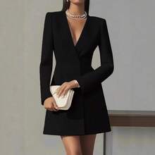 Women's Double Breasted V Neck Blazer Dress, Long Sleeve Solid Color, Elegant French Style Office & Party Dress - 杏色 - 查看 2