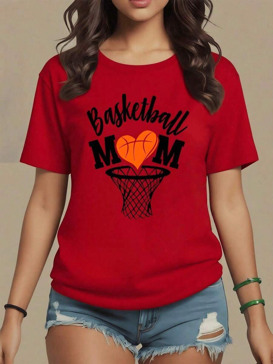 Orange Heart Shaped Like A Basketball Representing Mothers' Love For Basketball, Women's T-Shirt, 100% Cotton, Comfortable And Modern For Sports Fans, Maija Women. - 紅色 - 查看 1