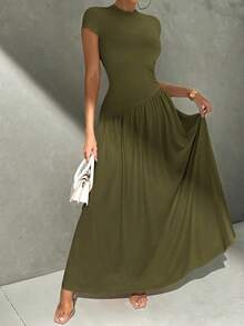Vestido de línea A de manga corta, de cuello, ajustado, con bajo asimétrico, de uso diario, de estilo minimalista y elegante - Verde militar - Ver 3