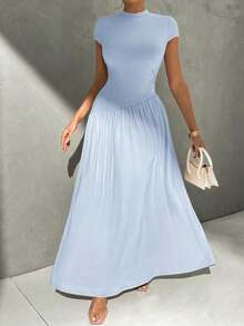 Vestido de línea A de manga corta, de cuello, ajustado, con bajo asimétrico, de uso diario, de estilo minimalista y elegante - Celeste - Ver 7