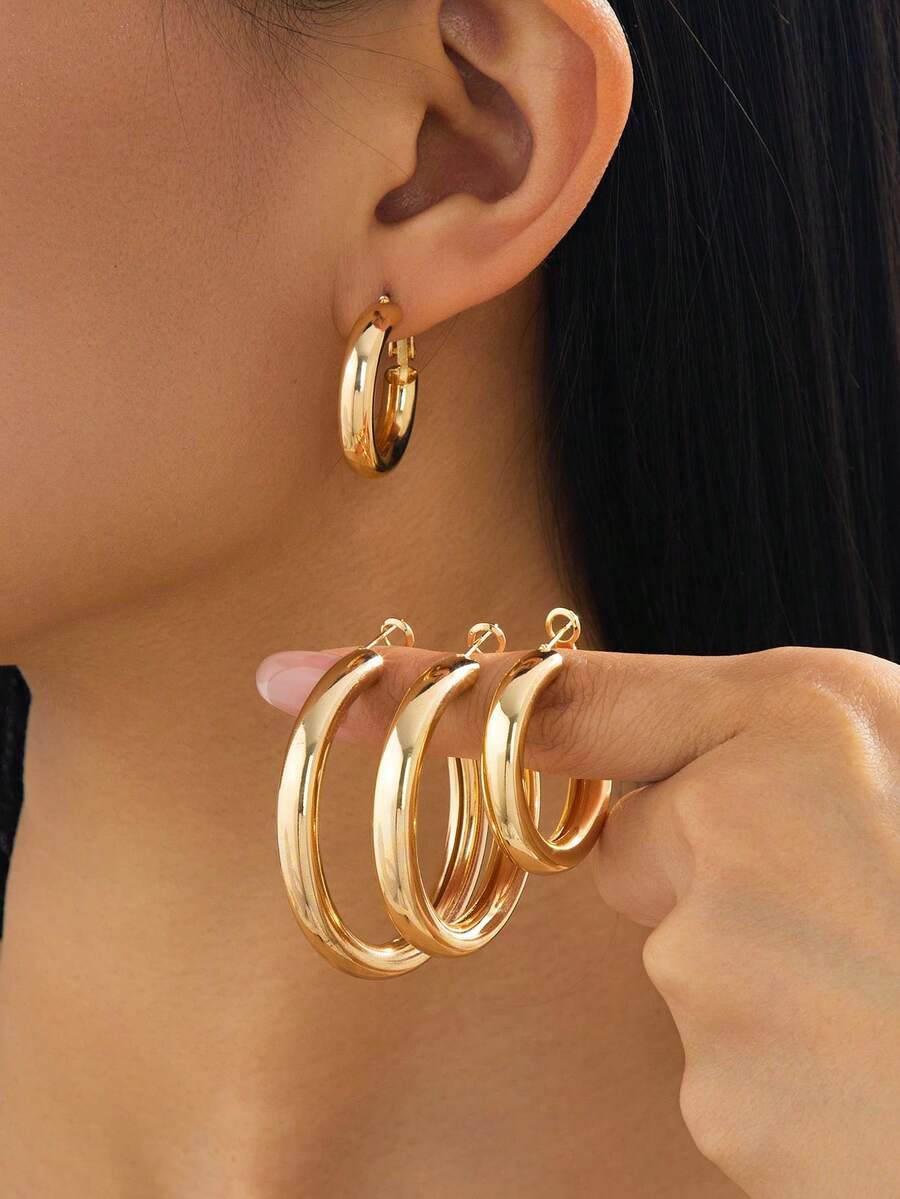 Bộ 4 đôi bông tai tròn đơn giản, cổ điển, tối giản, đa năng, ngọt ngào và phong cách đường phố, mạ vàng, dành cho nữ. - Vàng - Xem 1