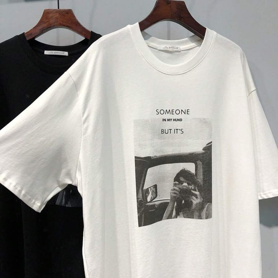 Primavera/Verano 2025, Nueva Camiseta de Manga Corta Holgada de Longitud Media con Estampado de Personajes de Estilo Coreano Ulzzang para Mujer - Negro - Ver 1