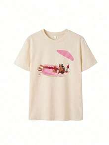 Respirable Camiseta Oversize con Estampado Divertido de Perro Salchicha en Hot Dog en la Playa, Estilo Y2K Aesthetic Cute Animal Graphic, Top Casual de Verano con Diseño Creativo, Camiseta de Algodón para Amantes de Mascotas, Uso Diario y Salidas, Estilo Único para Hombres y Mujeres, ropa de calor mujer - Albaricoque - Ver 2