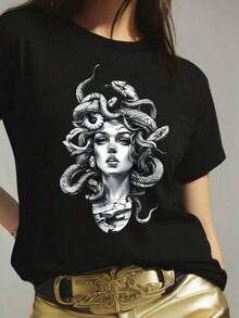 Camiseta casual de mujer de manga corta con cuello redondo y estampado de personajes, tops gráficos para mujeres HAGP 7EGE - Negro - Ver 1