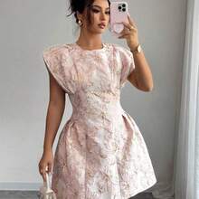 Women Elegant Jacquard Waist Tie Cap Sleeve Summer Dress - Rosa - Ver 2