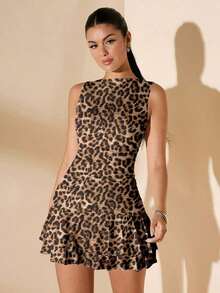 Vestido mini ajustado de mujer de color blanco liso sin mangas con volantes en la cintura y falda acampanada.Vestido de Body entero con capas para el verano, otoño e invierno - Marrón - Ver 8