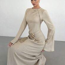 Women's Solid Color Twist Detail Front Metal Buckle Decor Flare Long Sleeve Dress, Ladies' Wedding Guest Dress, Women's Winter Formal Dress - Azul Marino - Ver 4