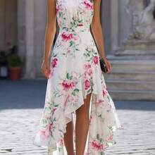 White Floral Print Asymmetrical Ruffle Hem Dress For Vacation - Blanco - Ver 2
