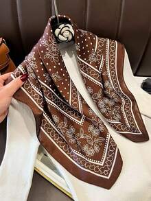 1 chiếc khăn vuông 27,6 inch in họa tiết hoa cổ điển thanh lịch, khăn bandana mới dành cho nữ, khăn quàng cổ đa năng, băng đô, phụ kiện thời trang. - Cà phê nâu - Xem 5