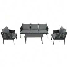 Garden Lounger Set, Garden Furniture Set With Comfortable Cushions, 3-Seater Sofa, 2 Armchairs And Coffee Table, For Outdoor Use, Glass Tabletop, Braided Rope Armrests, Galvanized Steel, Grey - Xám - Xem 5
