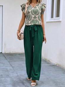 2 piezas Conjunto casual de vacaciones con blusa de mangas de casquillo con cuello en V con estampado floral y pantalones de pierna ancha para mujer - Verde - Ver 4