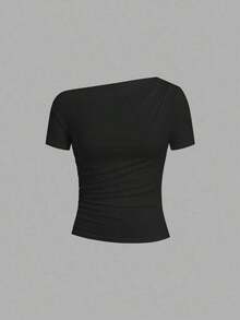 Camiseta de moda de manga corta con hombros oblicuos y ajustada de unicolor para mujer, verano - Verde Oliva - Ver 5