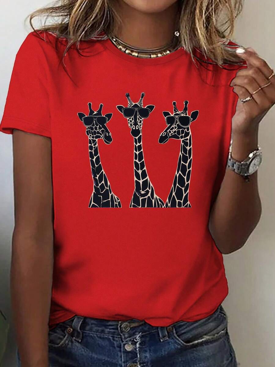 Oversized T-Shirt Printed With A Playful, Slim Giraffe Wearing Sunglasses, Casual Short-Sleeved Round Neck T-Shirt For Spring And Summer, Cute Women's Clothing. - 紅色 - 查看 1