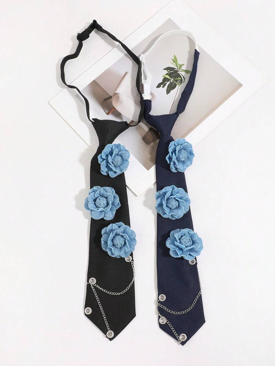 1pc Women's Fashion 3D Floral Pierced Chain Decor Solid Color Adjustable Choker, Suitable For School, Outing, Dating - Multicolor - View 1