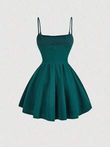 Elegante vestido de tirantes con fruncido en la cintura de color liso - Verde Oscuro - Ver 2