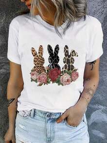 1 pieza de camiseta de conejita de Pascua para mujer - Blusa de manga corta con cuello redondo para primavera - Top compatible adecuado para uso festivo, camiseta estampada casual lavable a máquina para conjuntos de primavera, verano y otoño (sin transparencias) 180g 100% algodón - Blanco - Ver 1