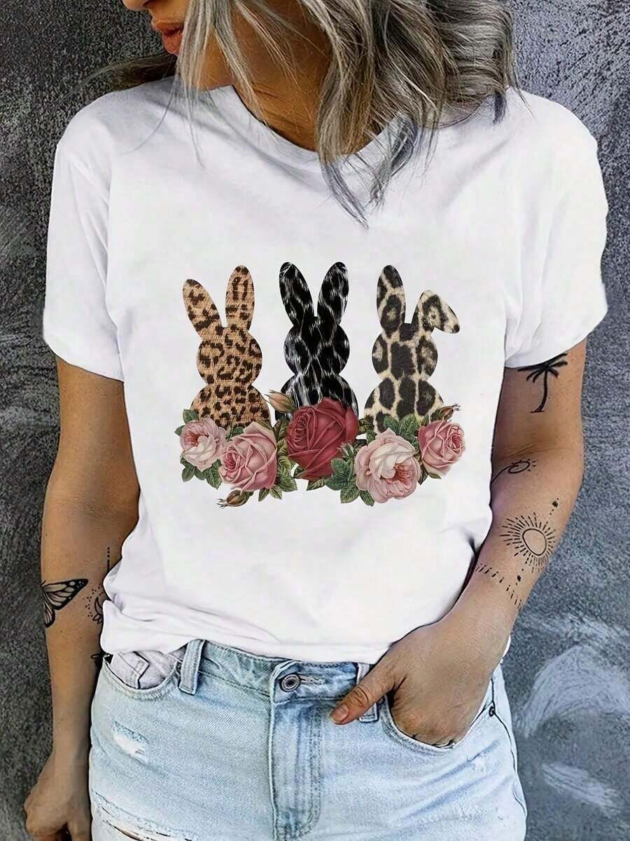 1 pieza de camiseta de conejita de Pascua para mujer - Blusa de manga corta con cuello redondo para primavera - Top compatible adecuado para uso festivo, camiseta estampada casual lavable a máquina para conjuntos de primavera, verano y otoño (sin transparencias) 180g 100% algodón - Blanco - Ver 1