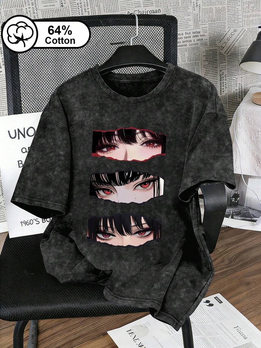 Áo thun nữ cỡ lớn tay ngắn rách ba mảnh in hình mắt cô gái anime phong cách Y2K retro, kiểu dáng thường ngày, thích hợp mặc ngoài trời, áo hè cho nữ, trang phục mùa hè, in hình đồ họa màu đen. - màu đen - Xem 1