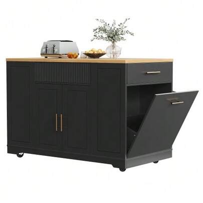 Kitchen Island On Wheels 120 X 50 X 92 Cm - With Bin Compartment, 2 Doors And 3 Drawers - Bin Not Included - Ideal As A Mobile Kitchen Island, Serving Cart Or Buffet