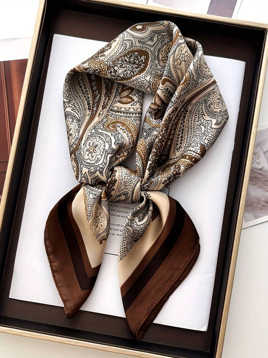 1pc Paisley Pattern Fashion Brown Cashew Flower Scarf, Multifunctional Use As Headscarf, Neckerchief, Shawl, Silky Smooth Texture, Fashionable Item For Women, Suitable For All Seasons,Festival,Holiday - Multicolor - View 1
