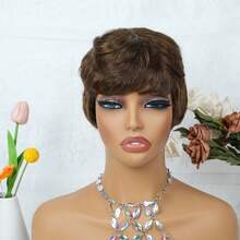 AMECIRE Wig Rambut Manusia Pendek Lurus Cokelat Model Pixie 4 Inci untuk Wanita, Tanpa Poni, Cocok untuk Pemakaian Sehari-hari dan Cosplay - S4 - View 7