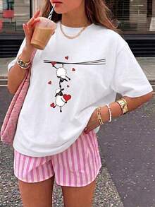 Women's Round Neck Printed Short Sleeve T-Shirt, Casual Loose Fit, Super Soft & Comfortable Fabric, Ins Street Fashion Style, Classic All-match Graphic Tee, Breathable Lightweight Daily Basic Top, Perfect for Daily Wear, Casual Vacation, Office Commute, Outdoor Going Out, Weekend Gathering, Shopping and Leisure Activities, Ladies Trendy Oversized Casual Pullover T-Shirt - Blanco - Ver 2