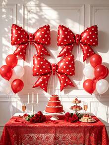 6pcs 38inch Red Bow Foil Balloon Set - White Heart Polka Dot Pattern, Perfect For Cherry Theme, Strawberry Theme, Birthday Party Decor, Princess/Queen Theme Party, Wedding Entrance Decor, Bachelorette Party, Valentine's Day, Bridal Wedding Decoration - Red - View 8