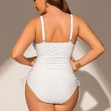 Swim Chiccia Plus Size Women One-Piece Swimsuit, Special Fabric, Deep V-Neck, Adjustable Straps, Removable Pads, Frill Trim, Drawstring Waist, Fashionable & Sexy, Casual Resort & Beach Style - Rosa - Ver 3
