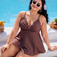 Swim Mod Plus Size Women's Polka Dot Print Deep V-Neck Ruffle Top Paired With Regular Trousers, Flattering Silhouette Beach Atmosphere Women's Swimwear Set - Multicolor - Ver 6