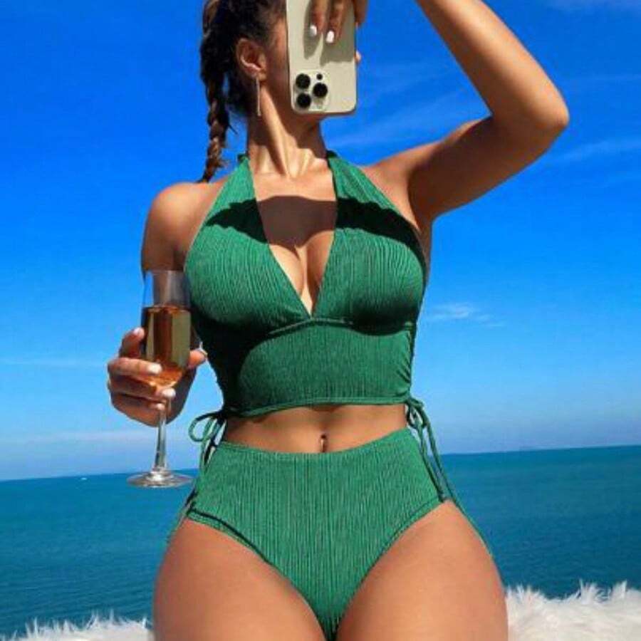 Swim Vcay Women Solid Color Separated Bikini Set With Neck Strap For Seaside Vacation Summer - Verde - Ver 1