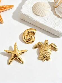 3件套时尚金属海洋主题胸针套装，包含海星、海龟和贝壳图案，适合海滩度假、派对佩戴，也可作为西装和连衣裙的配饰。 - 金色 - 查看 3