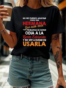 Edición Limitada Talla - Talla - Camiseta de Mujer con Estampado de Letras NO ME PUEDES ASUSTAR en Español, Cuello Redondo, Primavera/Otoño [Diseño Genial] Camiseta Divertida, Ropa de Mujer, Talla, Corte Holgado, Por Favor Consulte la Tabla de Tallas, Algodón Ligero - Negro - Ver 1