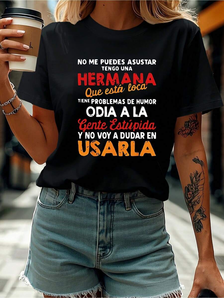 Edición Limitada Talla - Talla - Camiseta de Mujer con Estampado de Letras NO ME PUEDES ASUSTAR en Español, Cuello Redondo, Primavera/Otoño [Diseño Genial] Camiseta Divertida, Ropa de Mujer, Talla, Corte Holgado, Por Favor Consulte la Tabla de Tallas, Algodón Ligero - Negro - Ver 1
