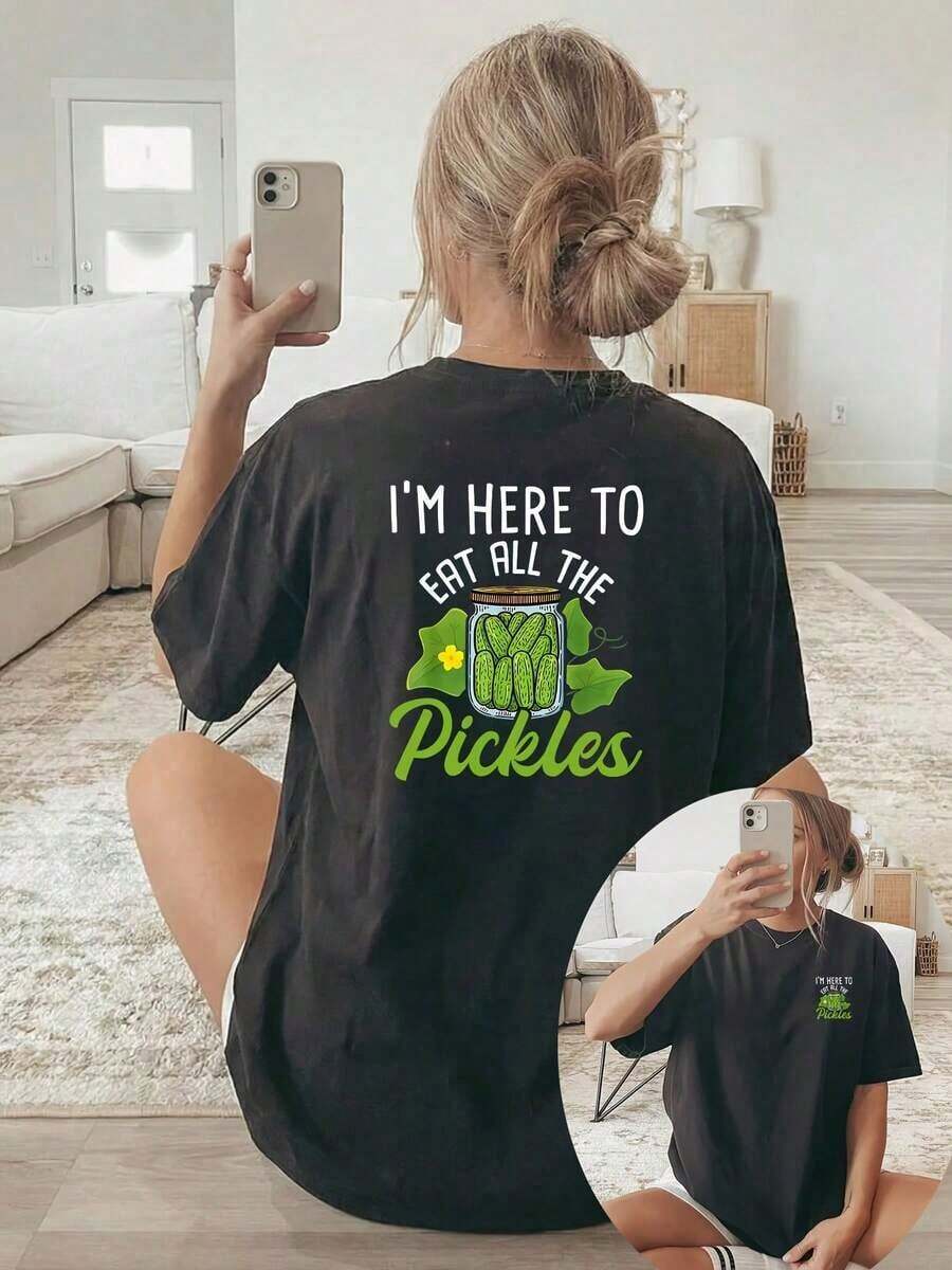 New Summer Collection 2026: Fashionable Women's T-Shirt [Double-Sided Print], Casual Short-Sleeve Round Neck Top, Printed With Green Pickle Cans And Text, Suitable For Casual Wear, Multipurpose Clothing, Fashionable T-Shirt, Comfortable Material, Summer T-Shirt For Style Enthusiasts. - 黑色 - 查看 1