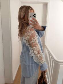 Elegant Semi-Sheer Lace Patchwork Long Sleeve Blouse For Women, Suitable For Street Casual And Dating Wear In Autumn - Blue - View 4