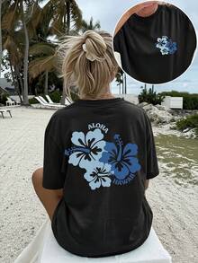 Women's Casual Black Aloha Hawaii Floral Print Drop Shoulder Short Sleeve T-Shirt for Summer Vacay - Negro - Ver 2