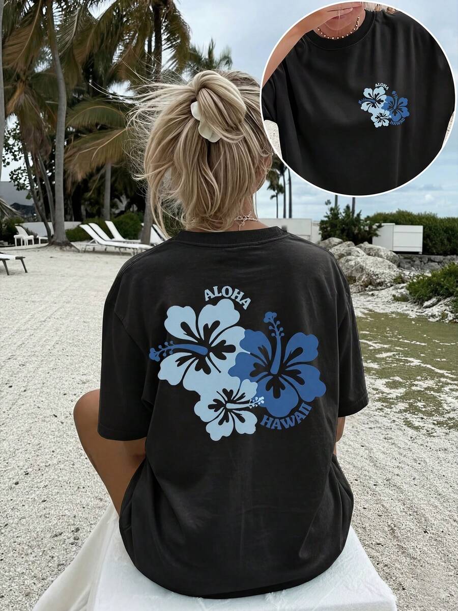 Women's Casual Black Aloha Hawaii Floral Print Drop Shoulder Short Sleeve T-Shirt for Summer Vacay