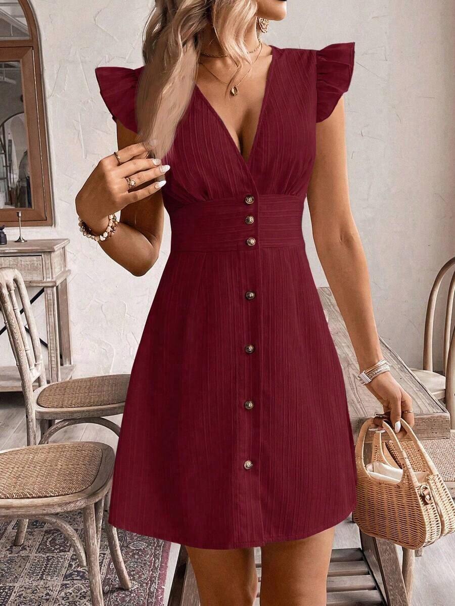 Vestido casual de vacaciones para mujer con mangas de volantes y botones delanteros de unicolor, vestidos de verano para mujer, vestido de té de vacaciones - Burdeos - Ver 1