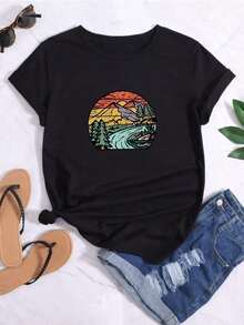 Camisetas Mujer Estampado Naturaleza Primavera y Verano Casual Suelta Cuello Redondo Manga Corta - Negro - Ver 3