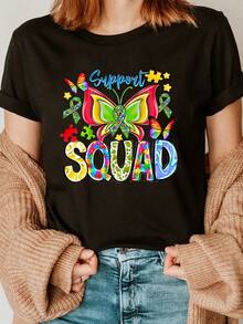 Elegant Daily Top ofrece camisetas estampadas con temática de autismo, camisetas casuales de manga corta y cuello redondo, y camisetas elegantes de moda para mujer de primavera/verano. - Negro - Ver 2
